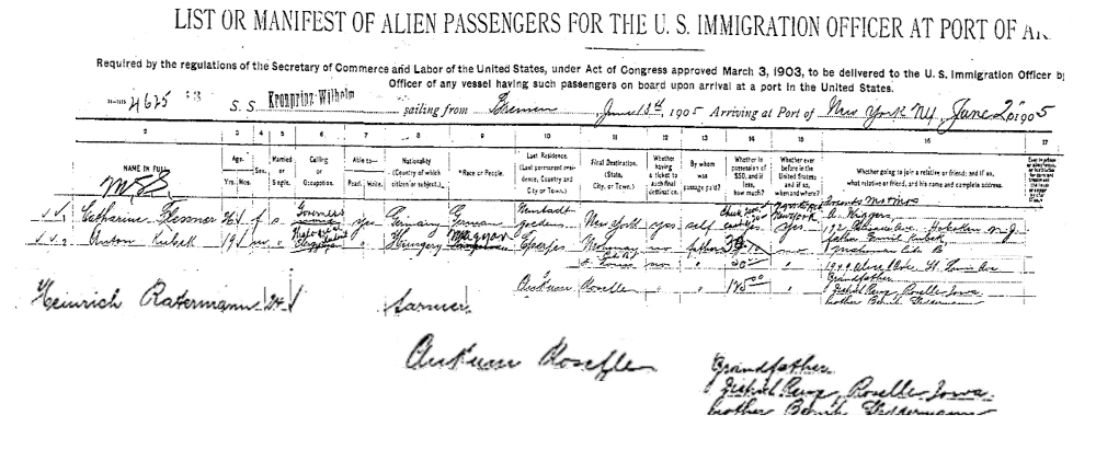 Auzug einer Auflistung Amerika-Einwanderer